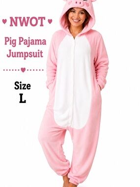 NWOT Pink Pig Hooded Pajama Jumpsuit Plush Fleece Costume Large